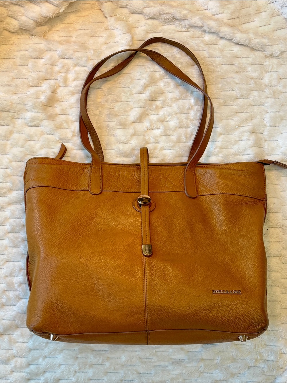 Stella & Max Tan Pebbled Leather Tote Bag Gold Hardware Structured Shoulder Bag